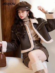 MISHOW Lamb Wool Short Faux Fur Coat Winter Women Fur Integrated Retro Thick Warm Motorcycle PU Leather Jacket MXC52W0227