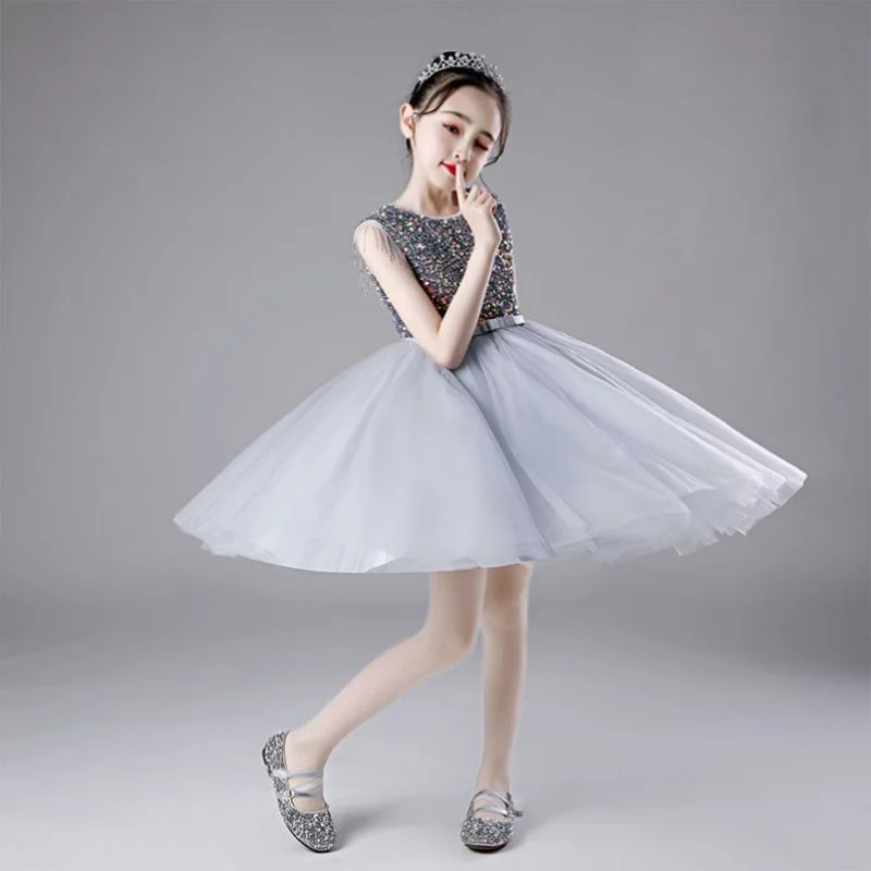Sequin Children's Dress Princess Dress Puffy Tulle Stylish Girl Host Violin Piano Performance Dress for Older Children