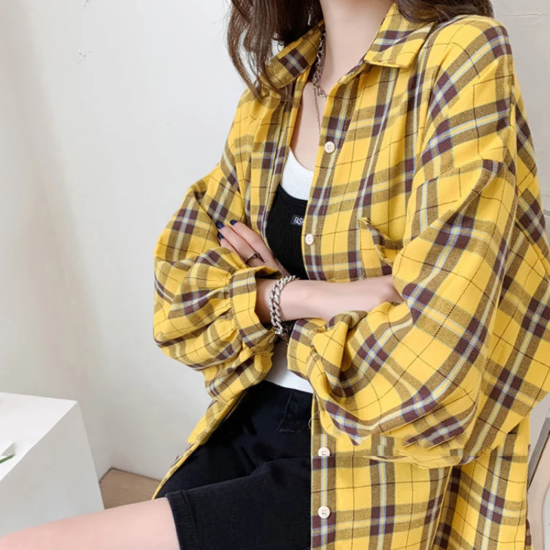 Streetwear Plaid Shirts Women Korean Fashion Oversized Tops Harajuku Daily All-match Long Sleeve Female Yellow Blouses New