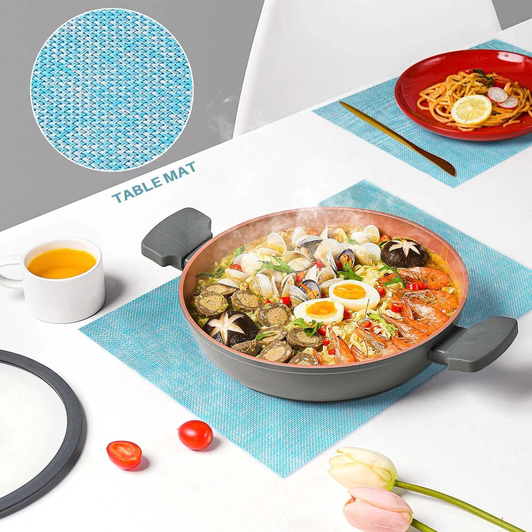 مجموعة مفارش طاولة زرقاء مكونة من 6 قطع غير قابلة للانزلاق وسهلة التنظيف وقابلة للمسح منسوجة من الفينيل وقابلة للغسل