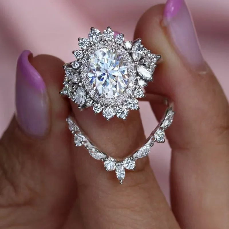 

Elegant Women Rings Silver Color Round White Stone Rings Party Set Accessories Gift