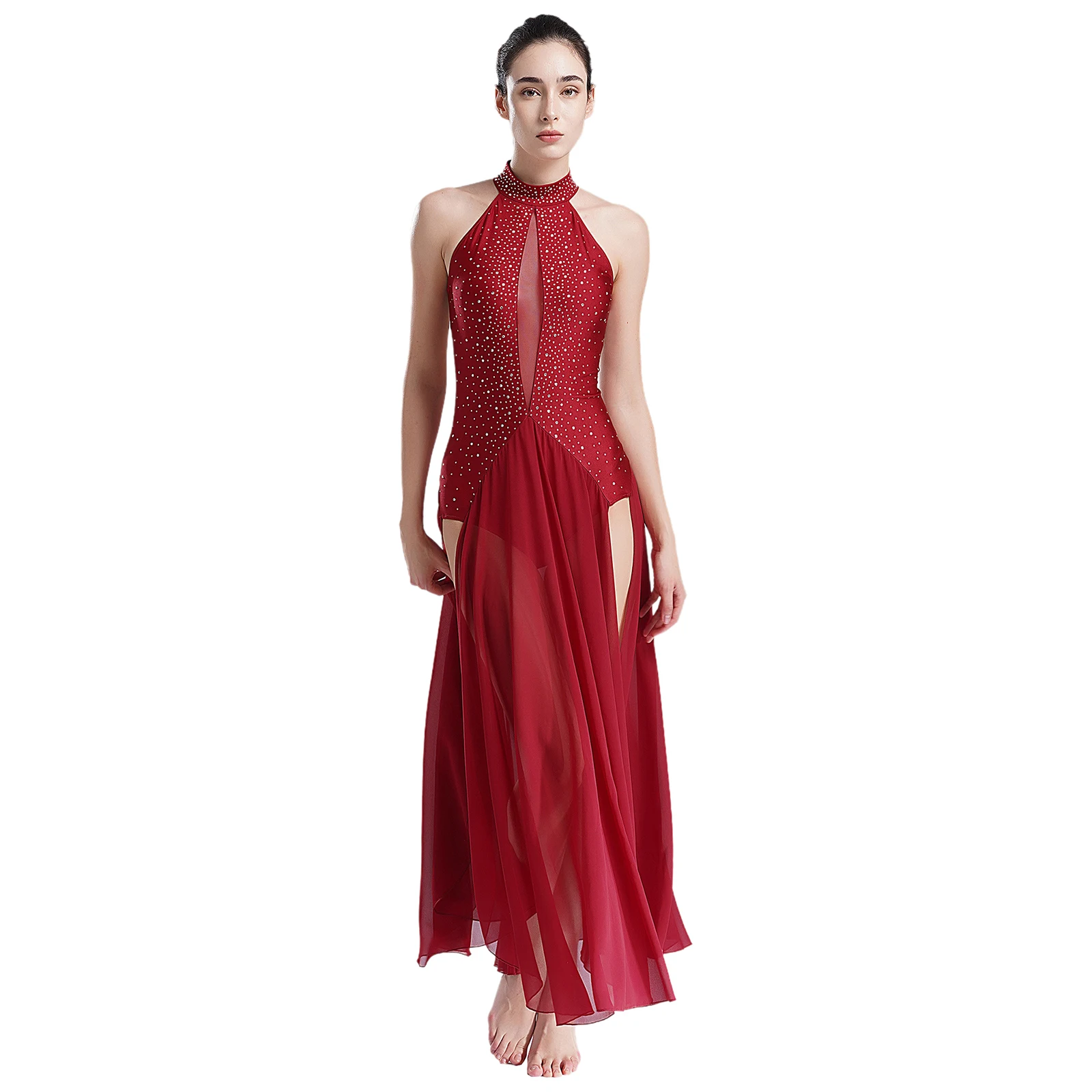 Womens Gymnastics Leotard Ballet Lyrical Modern Dance Contemporary Costume Halter Strappy Back Shiny Rhinestones Split Dress