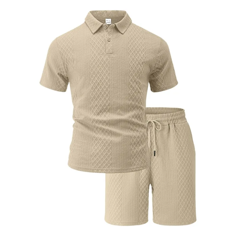 

Mens 2 Piece Textured Jacquard Short Sleeve Polo Shirt Drawstring Shorts Set