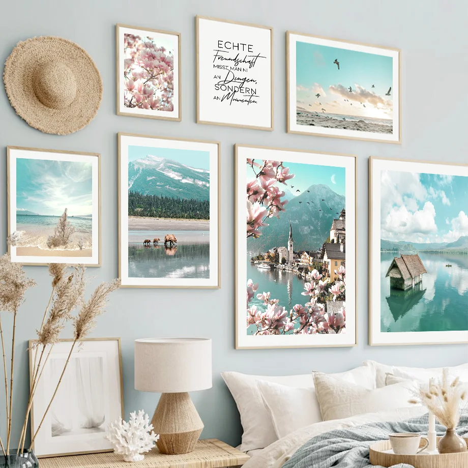 Nature Mountain Lake Beach Begonia Flower Nordic Posters And Prints Canvas Painting Wall Art Pictures For Living Room Home De