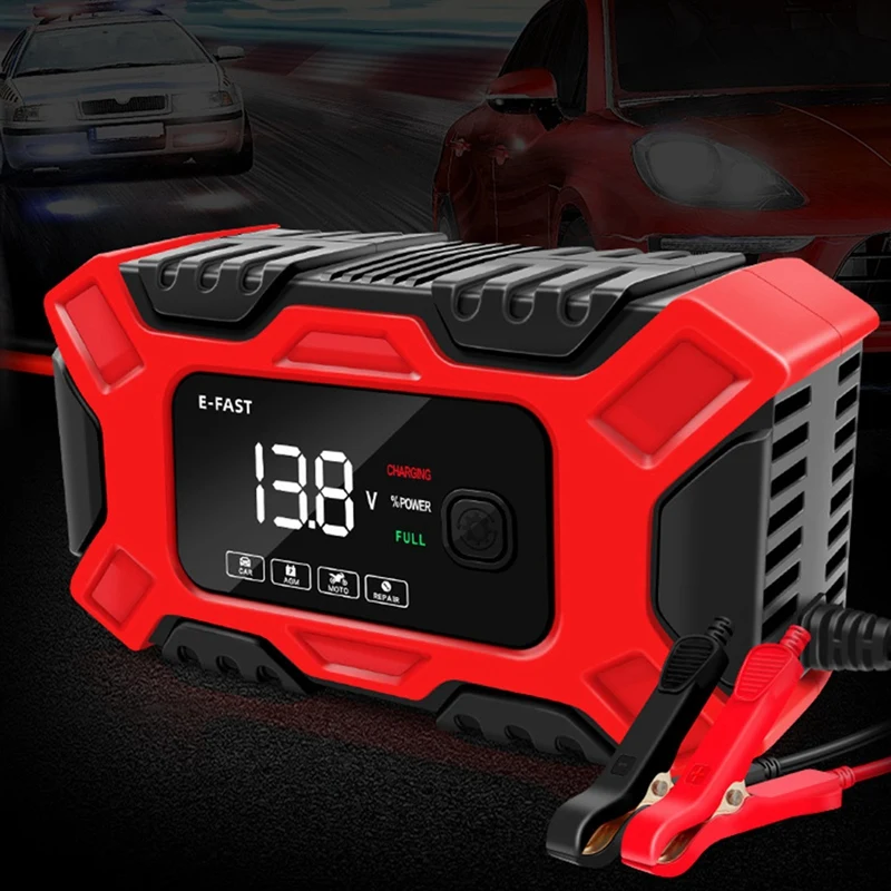 E-Fast Car Battery Charger Motorcycle Charger Lead-Acid 12V Charger Lcd Display Full Self-Stop US Plug