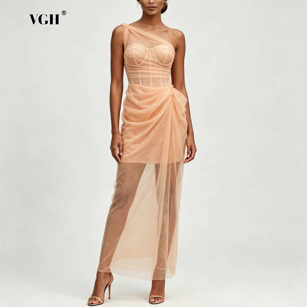 VGH Aprikosenfarbenes, locker geschnittenes Spitzenkleid für Damen, schräger Kragen, ärmellos, luxuriöses, elegantes Kleid, Damen-Sommermode, neu