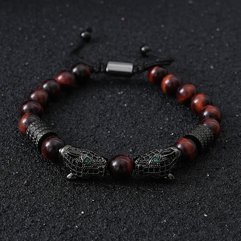 Luxury Tiger Eye Stone Beads Man Bracelet Leopard Head Charms Women Bracelets Couple Jewelry Christmas Gift