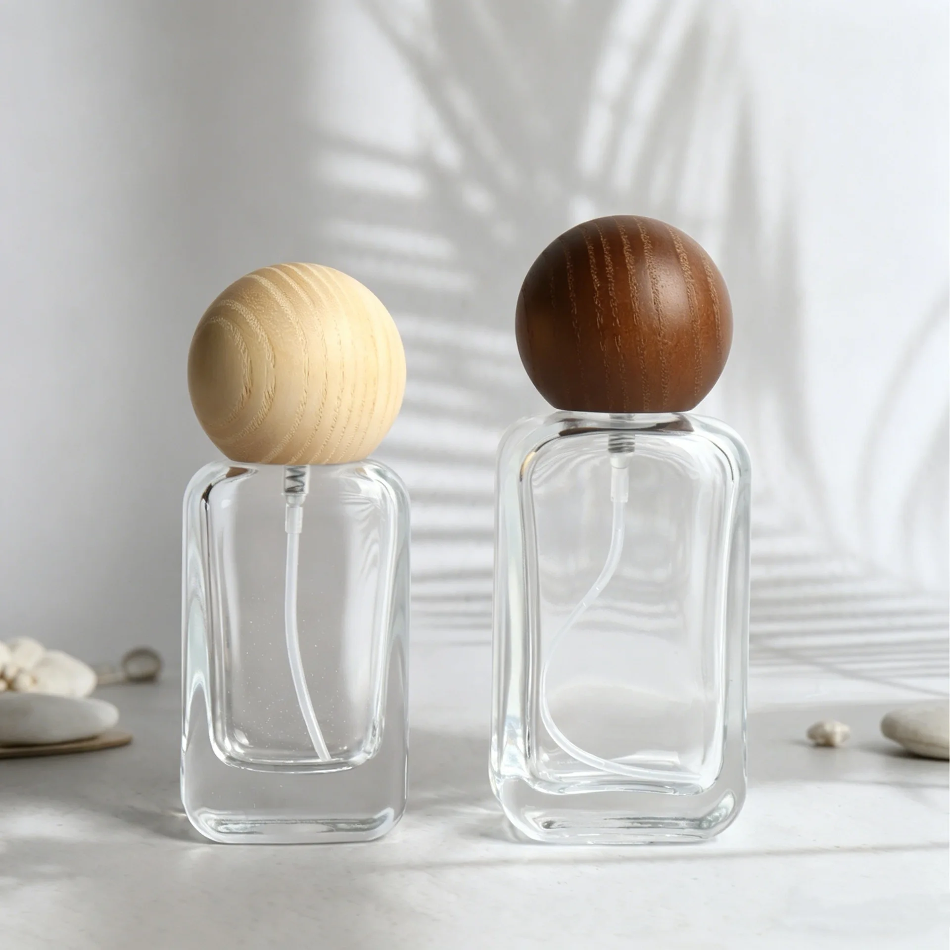 Clear Rectangular Glass Perfume Bottle With Round Wooden Ball Cap, Refillable Empty Fragrance Spray Atomizer Cosmetic Container