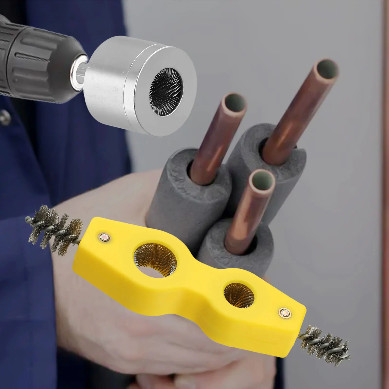1 zestaw 15/22mm środek do czyszczenia rur miedzianych z szczotką akumulatorową 4 w 1 podwójny środek czyszczący wiertarka metalowa rura szczotka do czyszczenia hydrauliki do samochodu