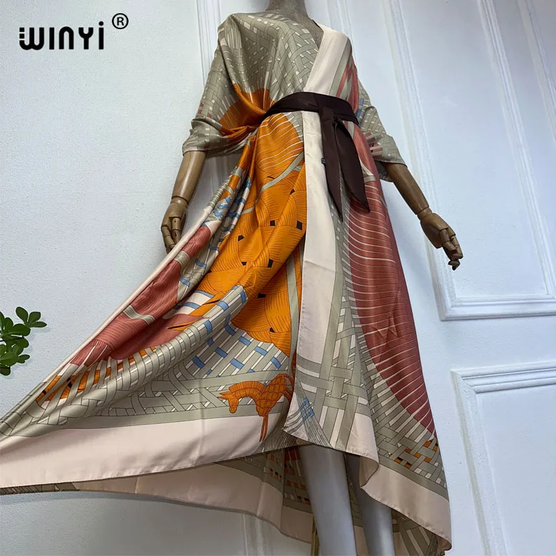 NEW WINYI summer 2024 print Middle east kimono beach cover up dress elegant African women boho Cardigan Holiday maxi abaya