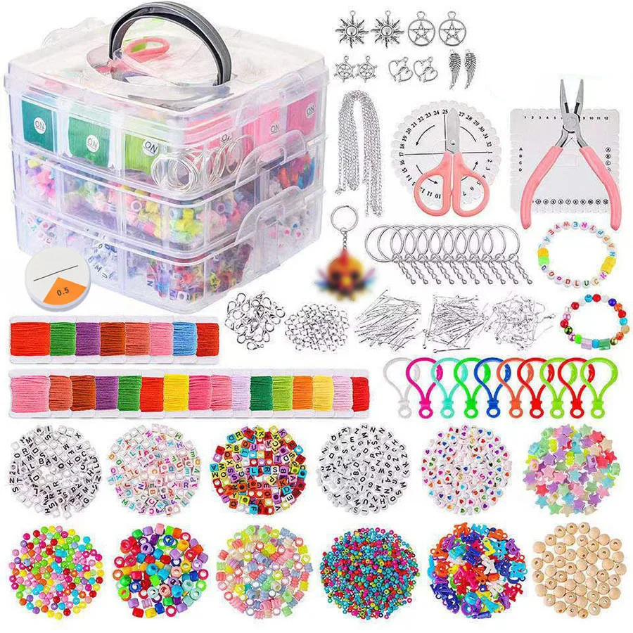 3-Tier Portable Jewelry Storage Box, Alphabet Star Heart Loose Beads Set DIY Bracelet Necklace Handmade Jewelry Making Kit