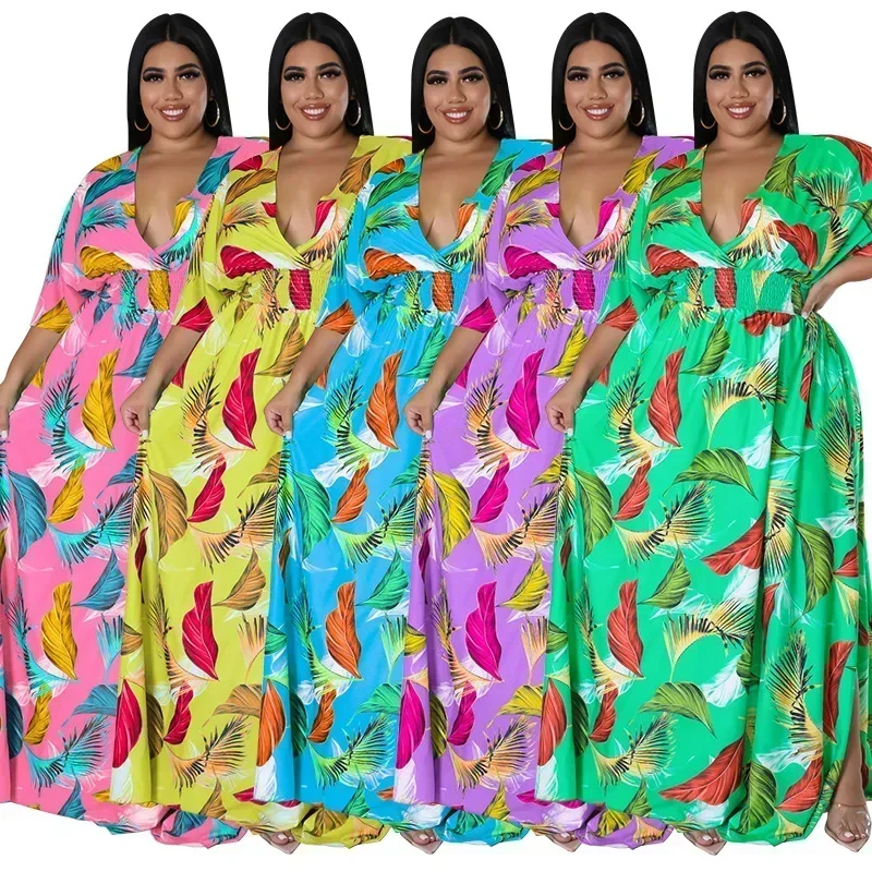 MY967- European and American plus size women's clothing 2025 summer new product deep V-neck printed multi-color dress, fat MM