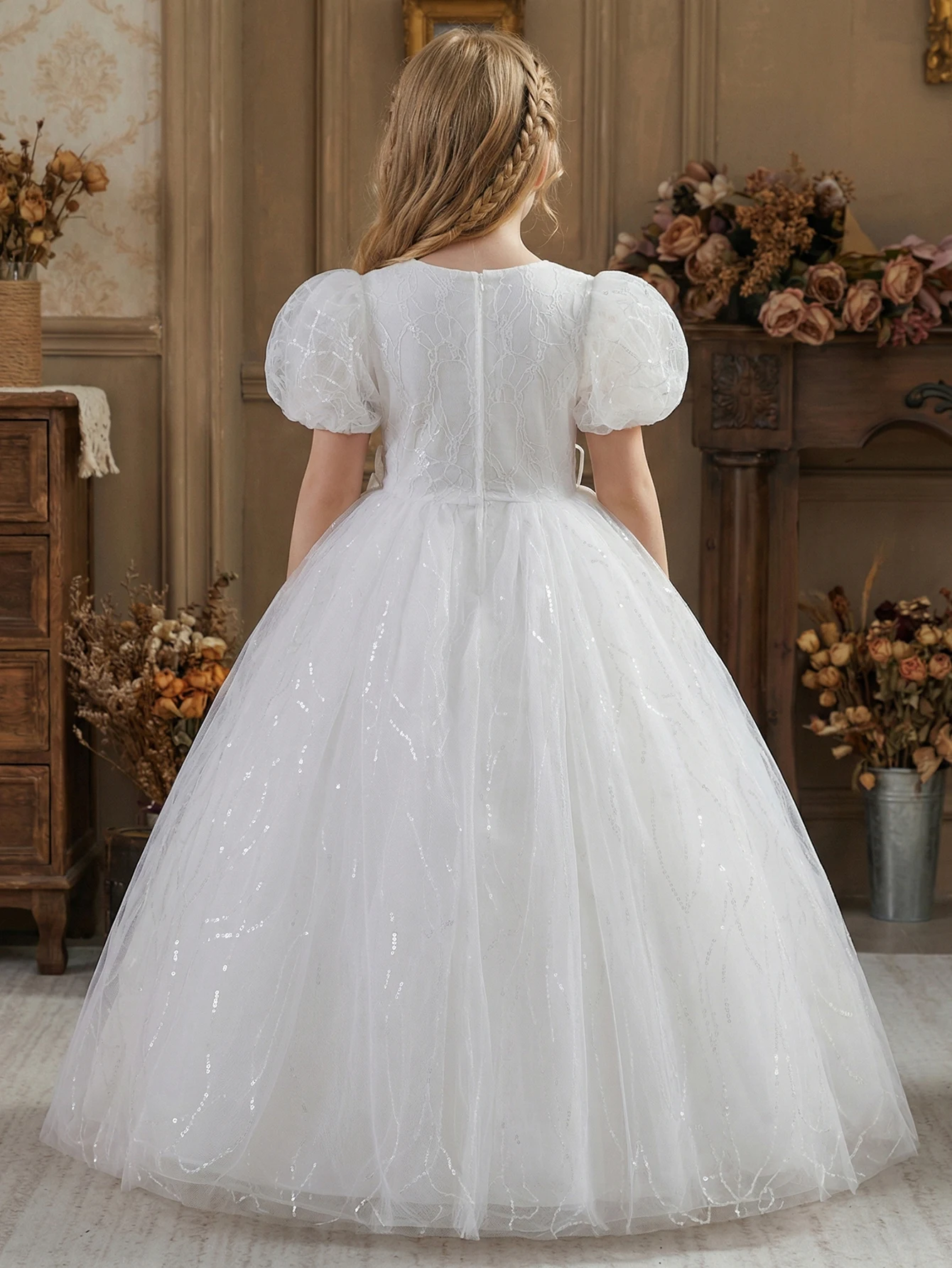 Tween Girl White puff sleeves Formal Dress with sequin netting Wedding Flower Girl Dress birthday party, formal events, outings