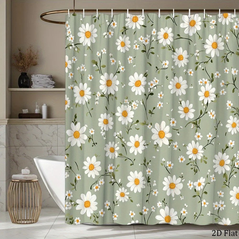 Botanical Daisy Illustration Shower Curtain 1pc with 12 Hooks for Bathroom Home Decor Polyester 2D Flat Print 70.8x70.8 Inch
