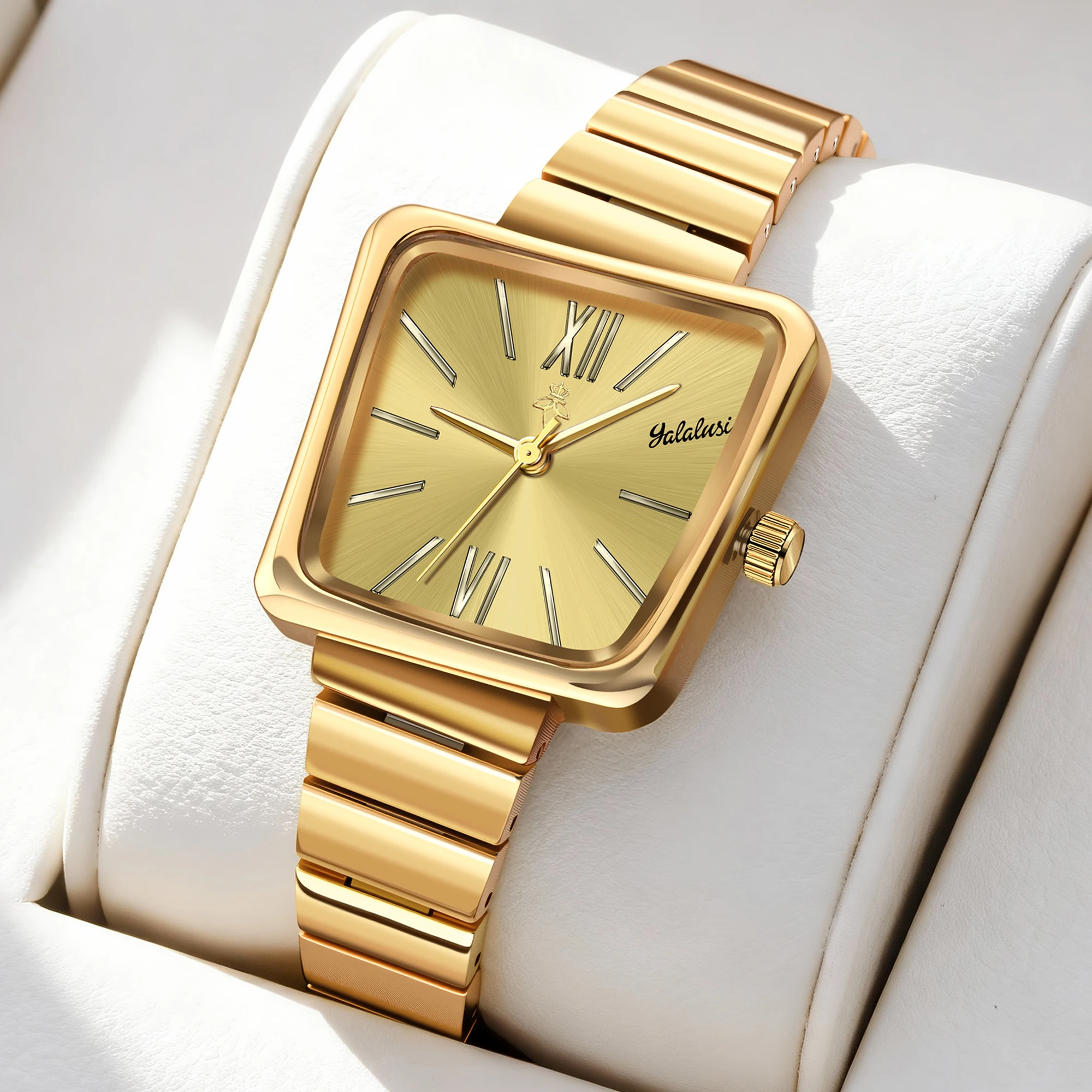 YaLaLuSi Fashionable square ladies quartz watch with a Roman numeral dial and a metal steel strap