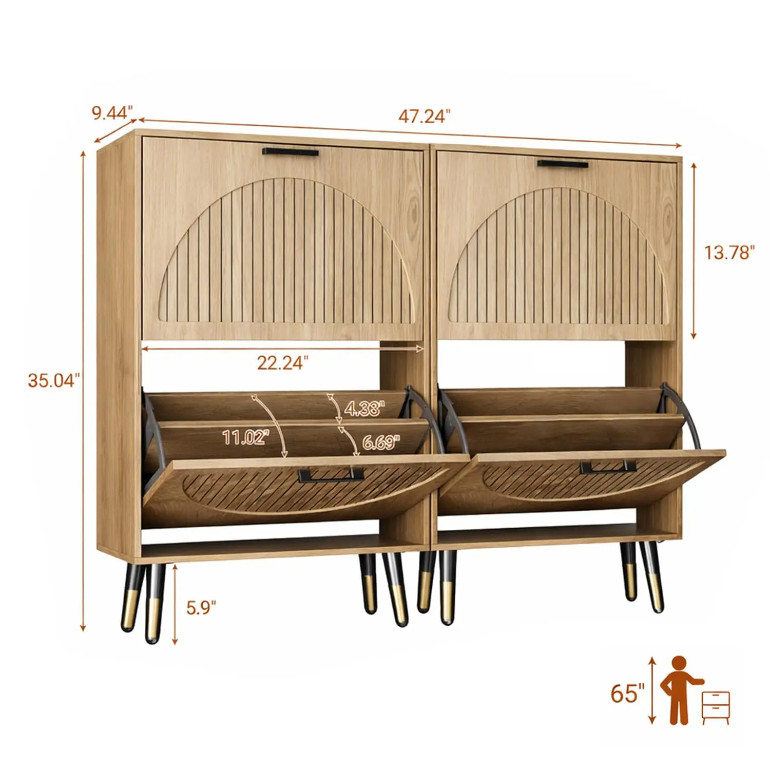 Farmhouse Shoe Cabinet Slim Hidden Rack Flip Drawers Dividers Round Panel Metal Leg Anti-Tip Entryway, Customized