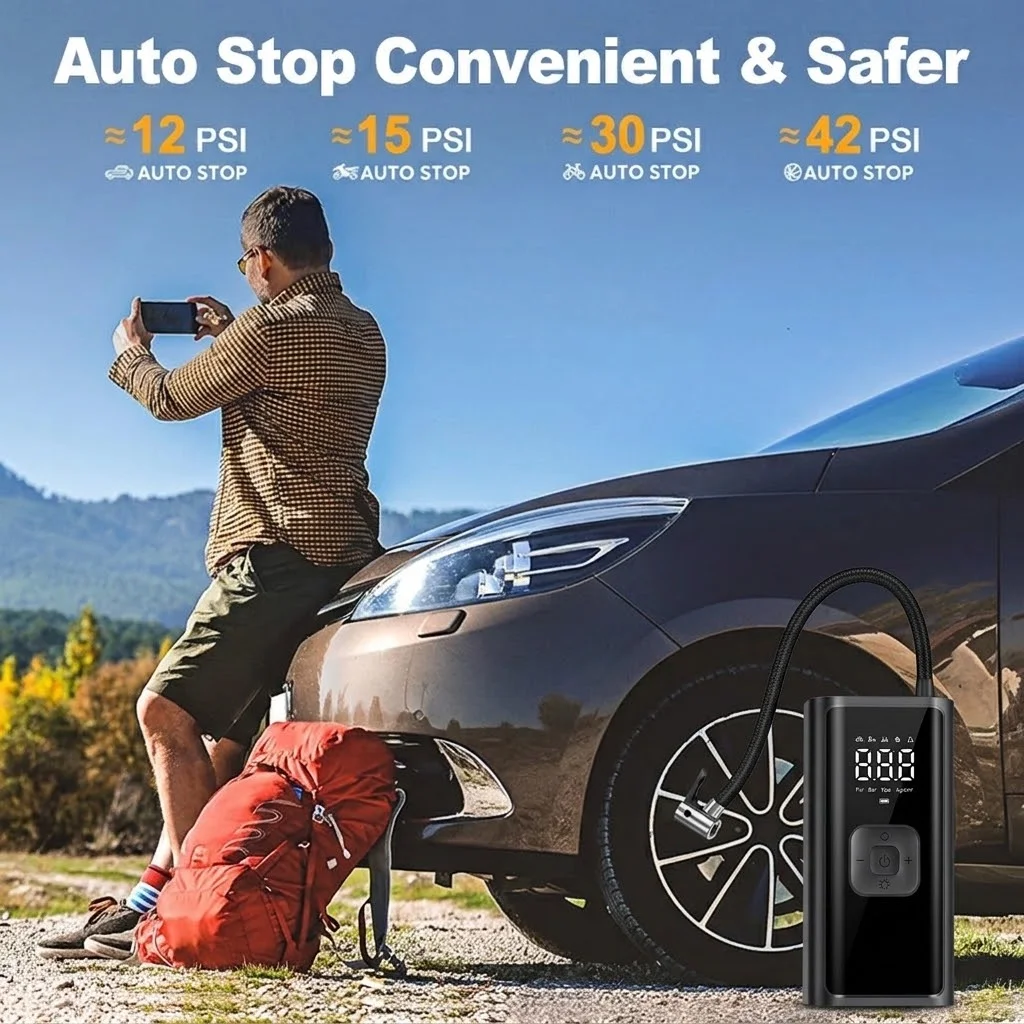 LEIBOO Compresor de Aire Portátil de 150 PSI, Inflador de Neumáticos Eléctrico, Bomba de Aire Inalámbrica, Manómetro Digital, para Coche, Bicicleta, Motocicleta y Balones