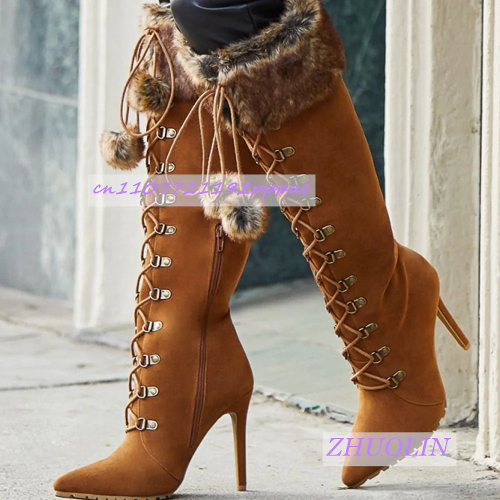 Winter Plush Pom-Pom Design Knee-High Boots Brown Suede Cross-Strap Modern Boots Fashion Side Zipper Stiletto Dress Long Boots