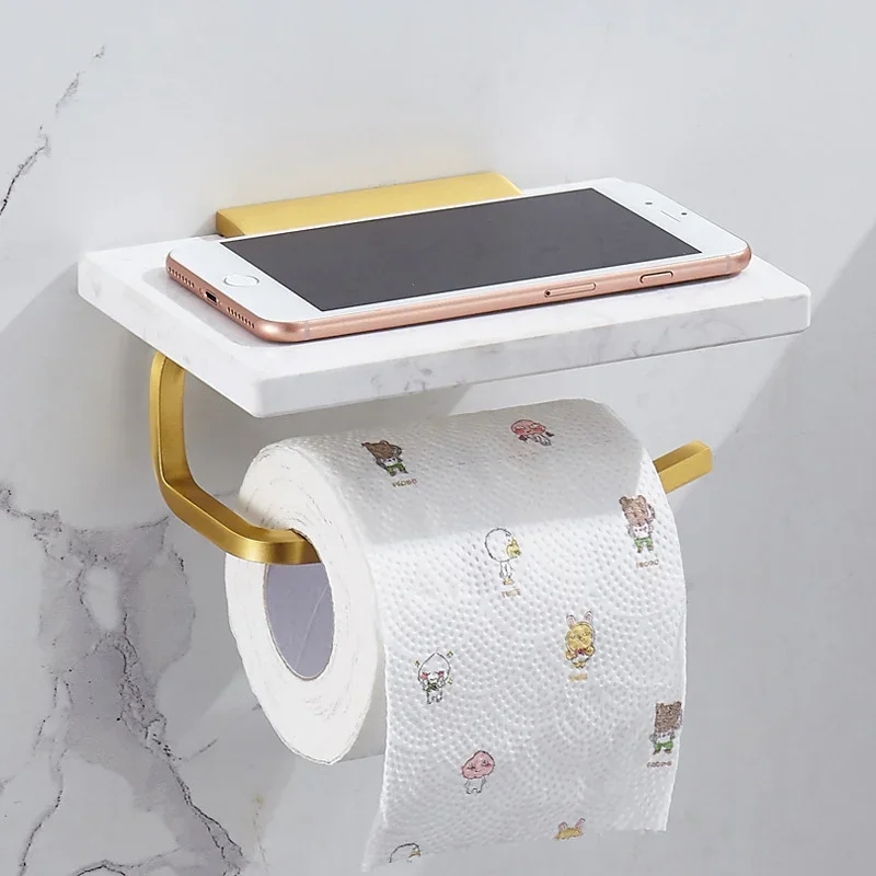 

Bathroom Roll Paper Holder Aluminum & Marble Bath Mobile Phone Towel Rack Toilet Tissue Shelf Wall Mounted Brushed Gold