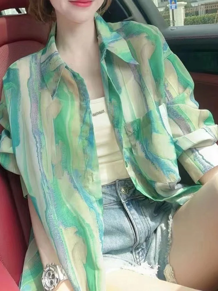 

Summer Faion Loose Women's Sun Protection irt Print Casual Outerwear Korean Sle Long Sve Button up Top