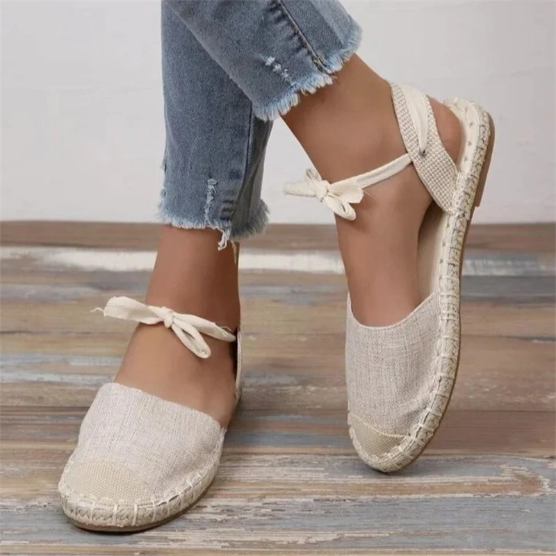 Shoes for Women Hemp Rope Bottom Ladies Sandals Flat Shoes Women Strappy Fisherman Sandals Women Spring and Summer Lace Students