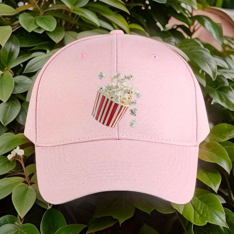 

1 Adjustable Baseball Cap with Fun Popcorn Print – Black Casual Unisex Duckbill Cap