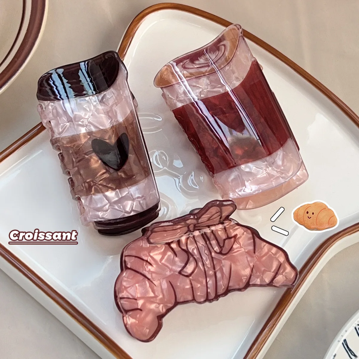 

Круассан, коготь для волос, дизайн кофейной чашки, коричневый тон, заколка в виде акулы с милыми краями для женщин, прическа