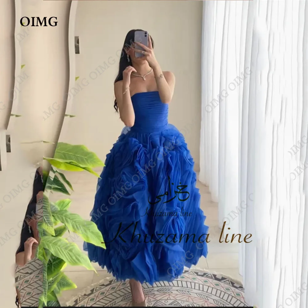 OIMG Royal Blue A Line Prom Dresses Sleeveless Evening Gowns Strapless Tiered Ruched Sweetheart Formal Celebrity Party Gown