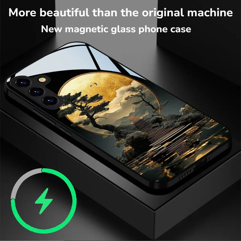 Ink painted moon pattern tempered glass magnetic phone case suitable for Samsung Galaxy S26 S25 S24 S22 S21 S20 FE/Ultra/Plus