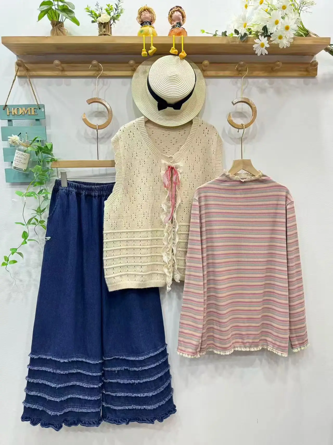 Sweet Lace Trim Splice f High Ne  Stripes Loose Fit Overhead Long Sve T-irt Top for Women Casual Sweet Sle