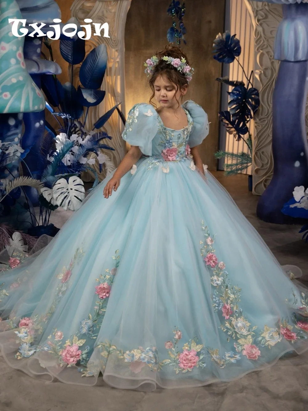 Girls Dress Light Blue Colorful Appliques Wedding Guest Clothes Sweet Puff Sleeve Kids Princess Gown Stage Performance Wear