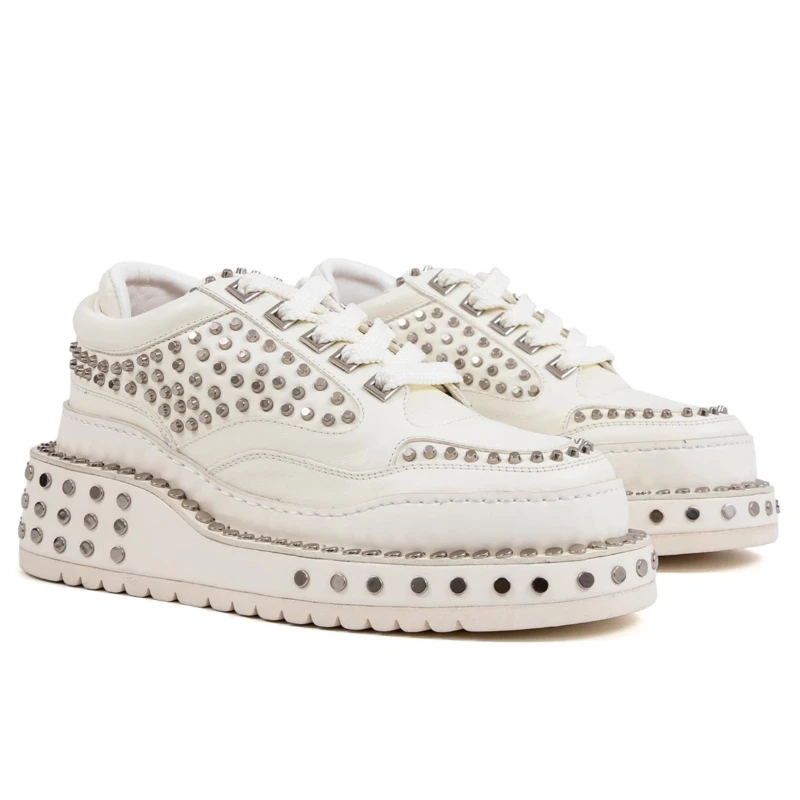 Genuine Leather White Skateboard Shoes for Men's European Original Metal Rivet Casual Shoes Thick Soled Height Increasing Shoes