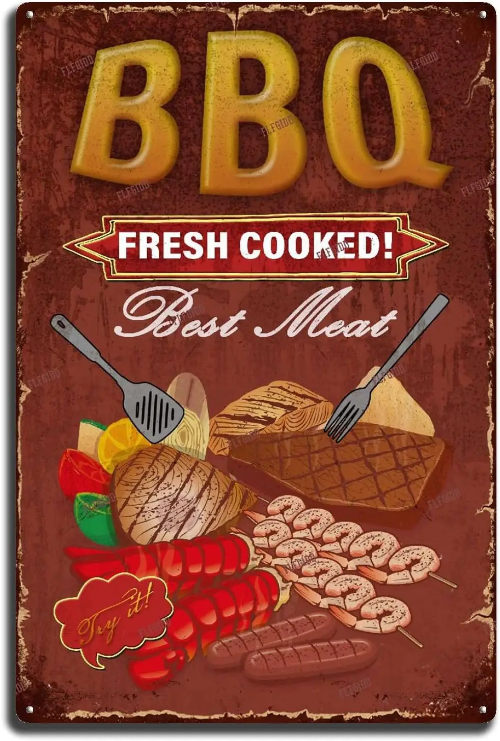 Vintage Wall Decor BBQ Poster Tin Sign Lettering BBQ Fresh Cooked Best Meat Steak Sausage Vintage Metal Tin Signs Bathroom Garde