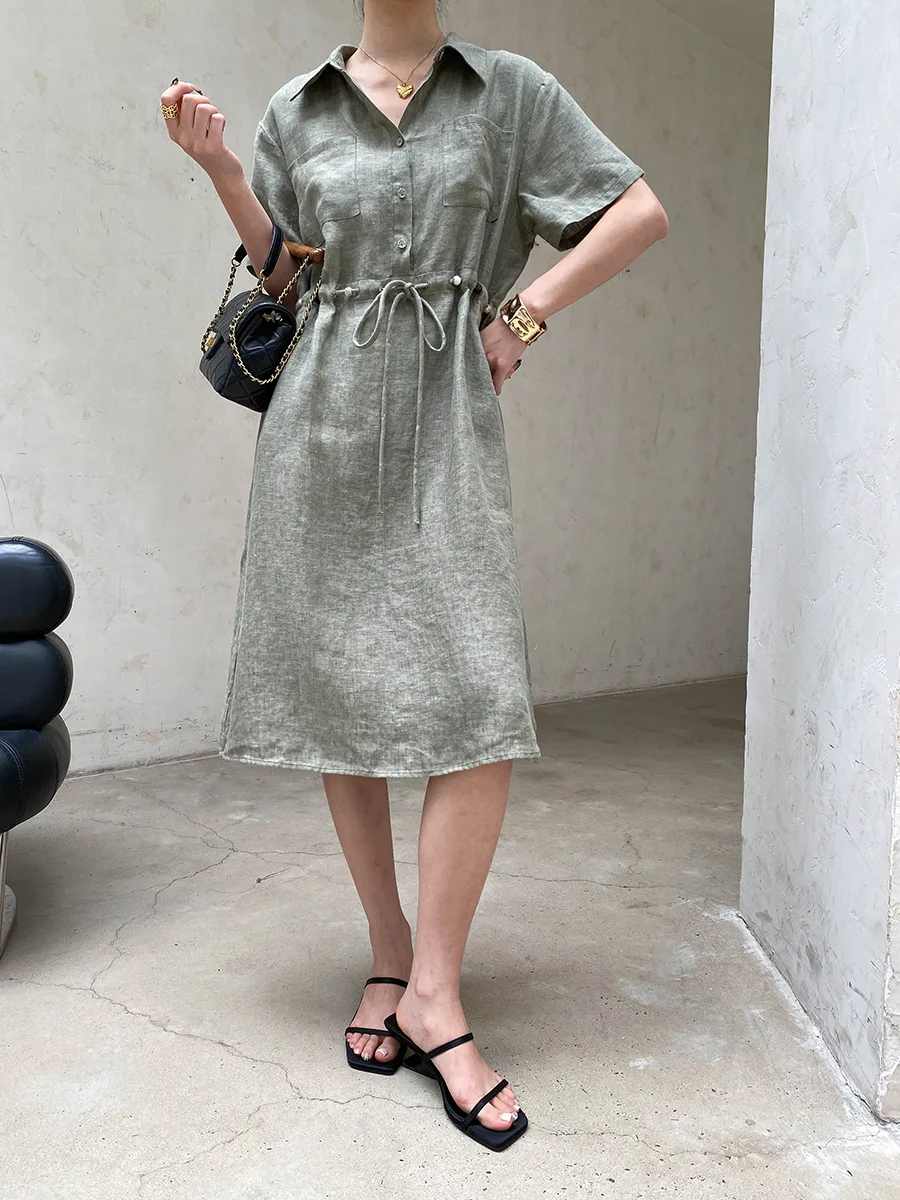 Sommerliches Damen-Freizeitkleid in Uni-Farbe mit Perlenbesatz, Kordelzug und tailliertem Schnitt – Detail 8