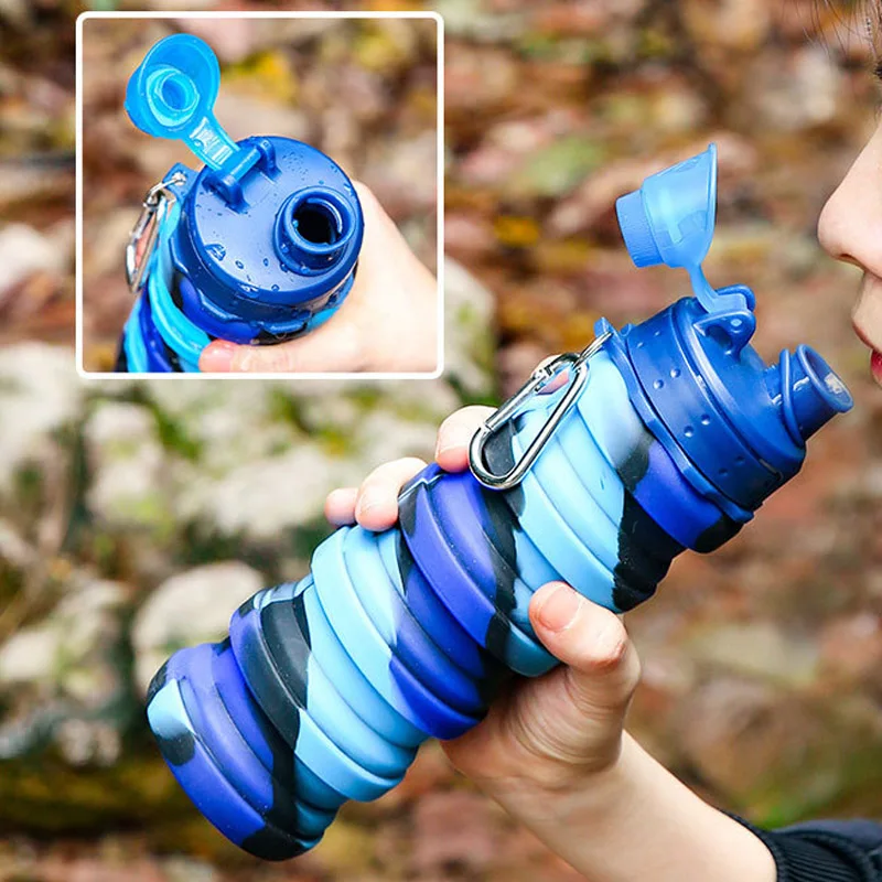 Outdoor Sports Silicone Foldable Water Bottle For Camouflage Creative Travel Reusable Leakproof Water Bottle With Carabiner