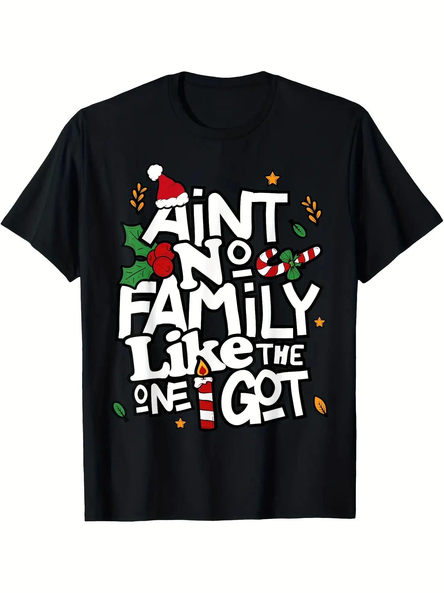 

Men's Family Christmas Tee - "Ain't No Family Like The One I Got" Candy Canes/Holly/Snowflakes, Soft Cotton, Short-Sleeve Crew