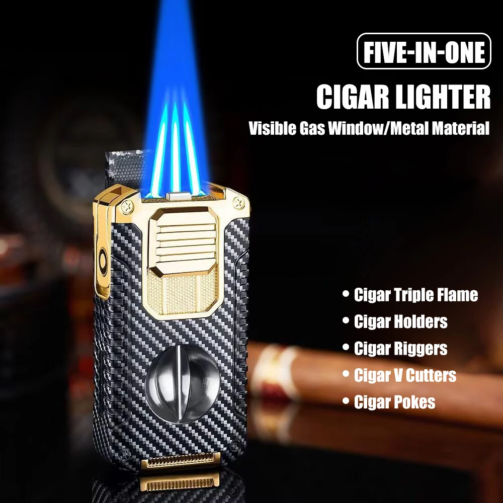 

Strong Three Flame Cigar Lighter V-shaped Cigar Cutter Bottom Cigar Drill Cigar Thru Needle Visual Gas Window