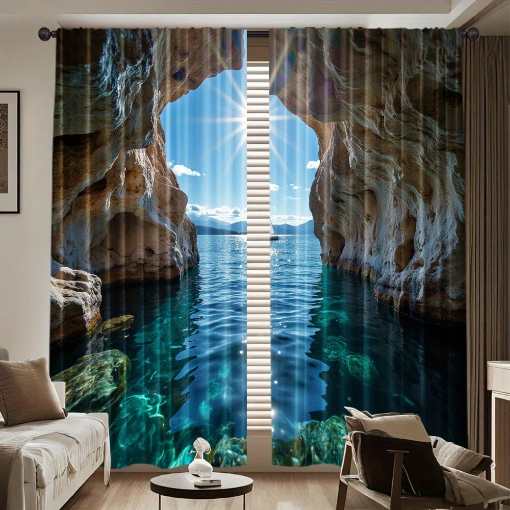 2PCS Digital Printed Curtains, Ocean Rocks Coastal Marine Nature Scene, Window Curtains for Living Room Bedroom Home Decoration