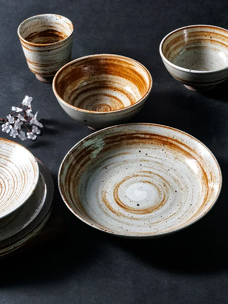 Vajilla de cerámica gruesa hecha a mano japonesa, plato plano de cerámica Retro, tazón de fideos de arroz para el hogar, tazón de sopa M6R8C8