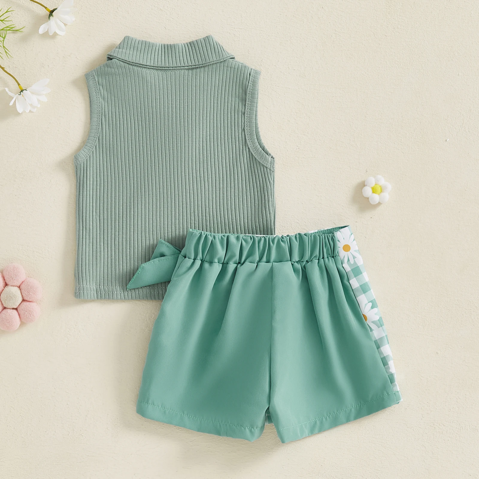 Baby Girl 2Pcs Outfits Summer Sleeveless Lapel Tank Tops + Bow Floral Skirt Shorts Set Toddler Clothes Children's Sets