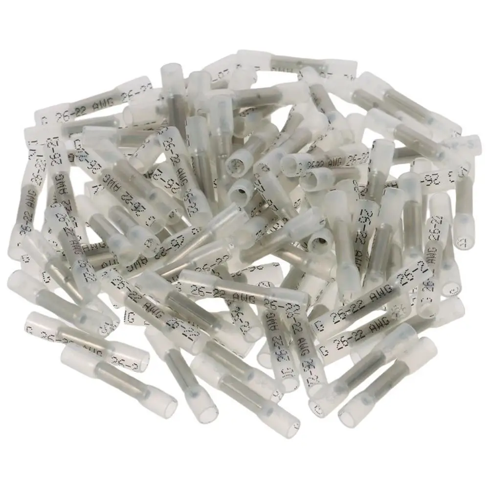 100Pcs Heavy Duty 26-24 AWG Heat Shrink Butt Connectors Waterproof Insulated Electrical Wire Connectors Clear Butt Splice Truck