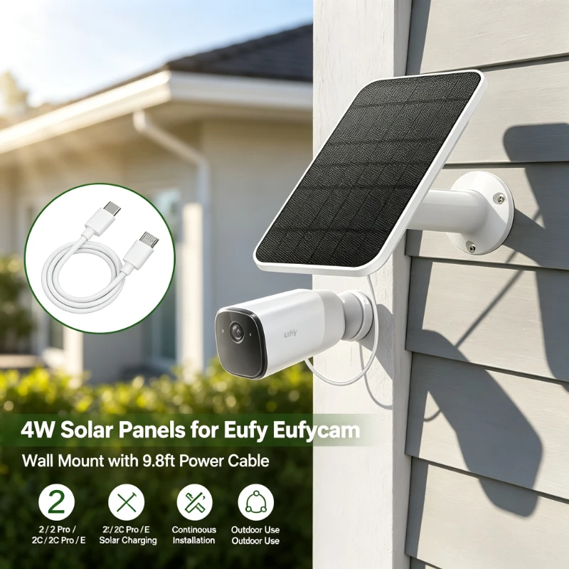 4W Solar Panel Compatible with Eufycam 2 2Pro 2C 2C Pro E Wall Mount 9.8ft Power Cable