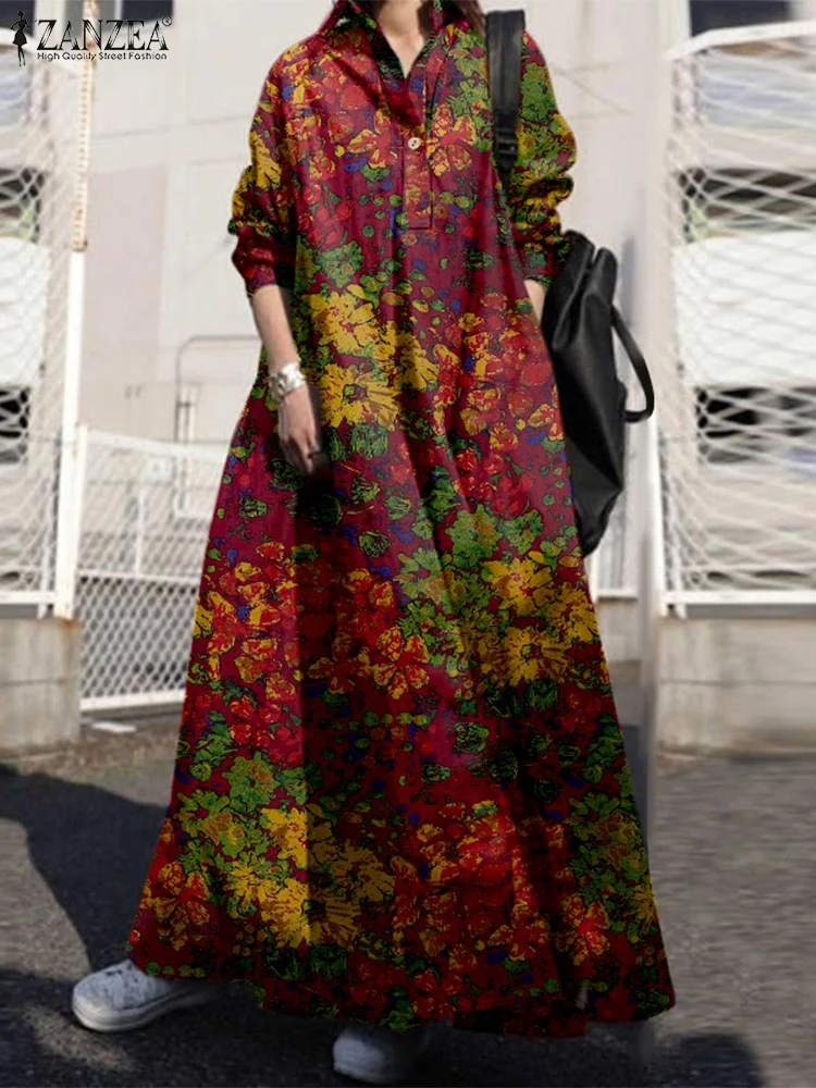 ZANZEA-Vestido veraniego de otoño para mujer, Vestido bohemio de manga larga con cuello de solapa, Vestido holgado de algodón con estampado Floral Vintage para vacaciones 2024