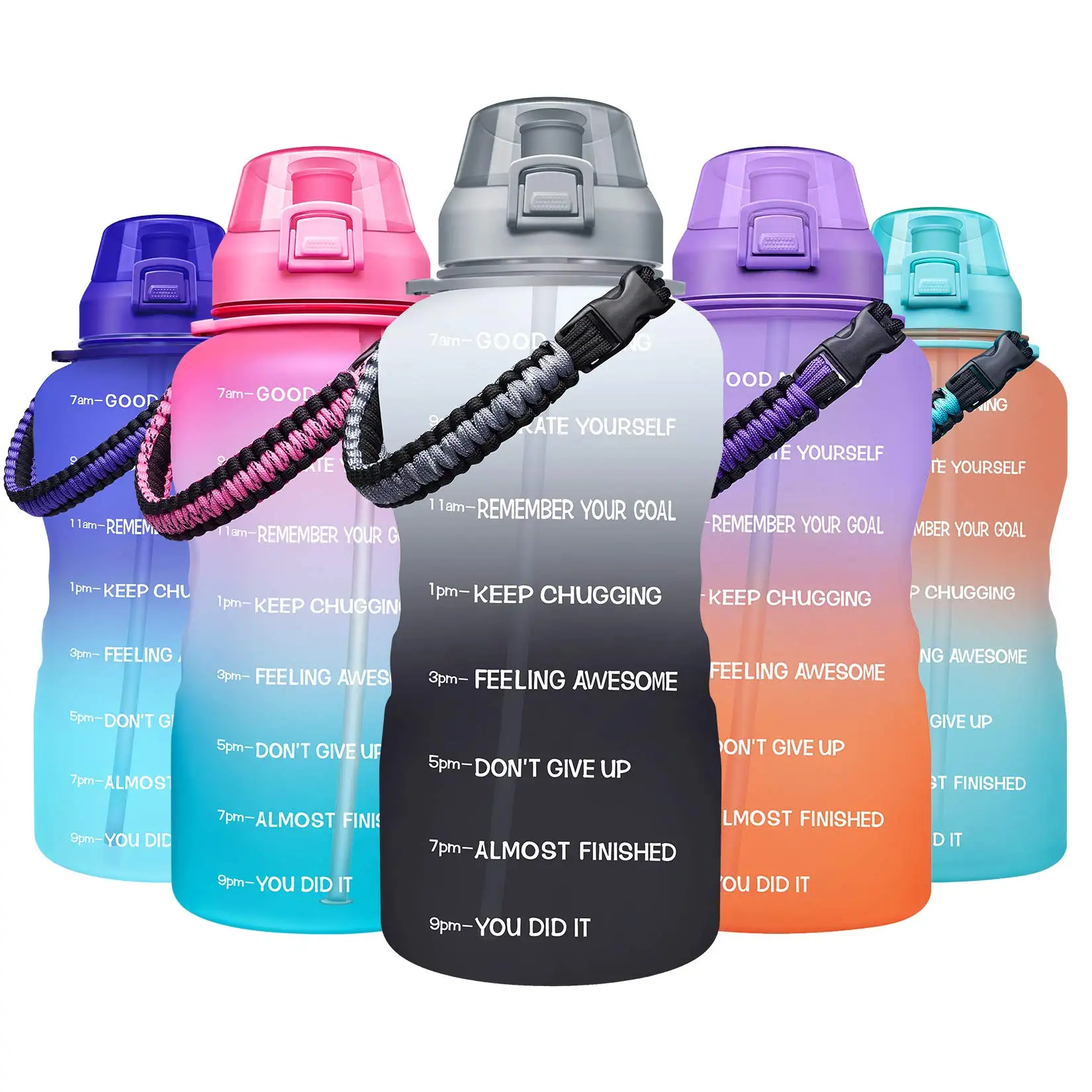 Large 1 Gallon Motivational Water Bottle with Paracord Handle & Removable Straw - Leakproof Tritan BPA Free Fitness Sports Water