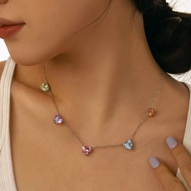 Genuine S925 Sterling Silver Necklace Multicolor Gemstone Heart Pendants & Cubic Zirconia Elegant Gift for Women Girlfriend, Mom