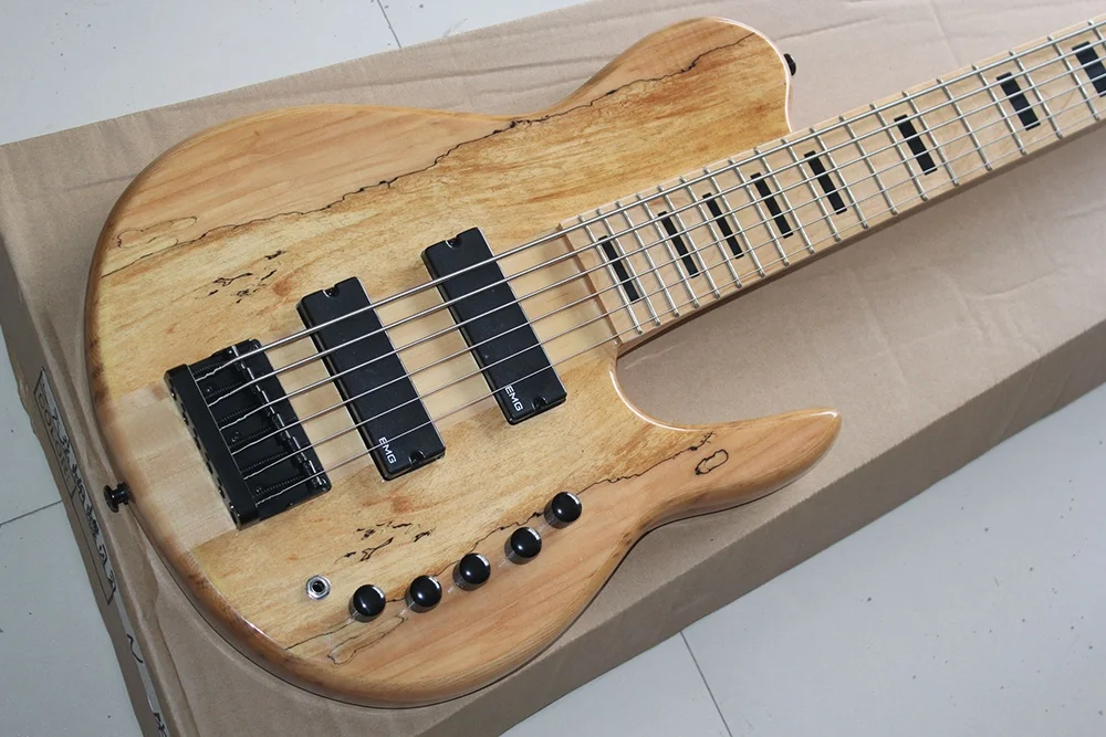 Flyoung 6 String Electric Guitar Bass Neck Through Body Bass Guitar Spalted Maple Veneer Bass