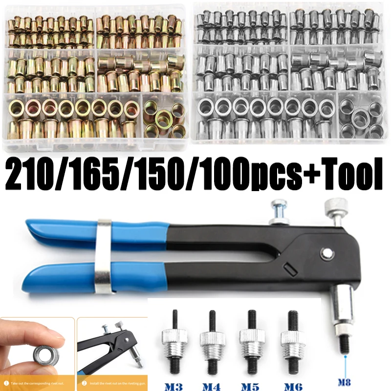 

100/150/165/210pcs M3-M12 Multi Flat Head Metric Thread Blind Rivet Nut Insert Rivnut Nutsert Screw