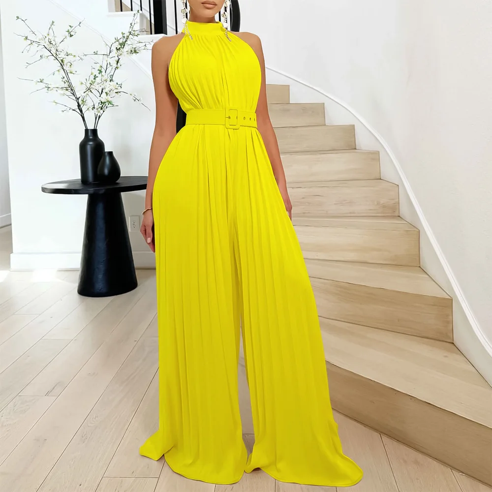 Elegant Pleated Jumpsuits for Women 2024 New O Neck Sleeveless Belt Waisted Floor Length Birthday Party Outfits Overalls Clothes