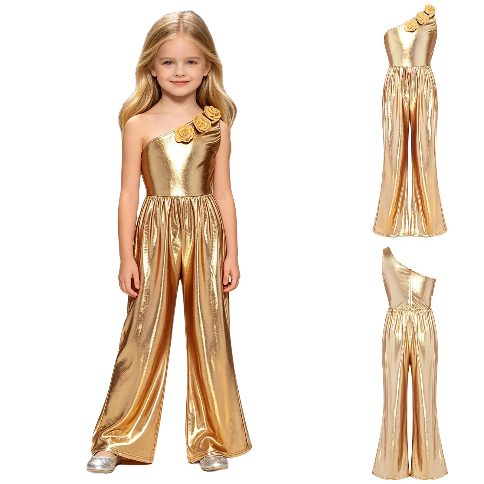 Kids Girls Metallic Shiny 70s Disco Jumpsuit Jazz Dance Costume Wedding Birthday Pageant Prom School Party Halloween Bodysuit - view 2