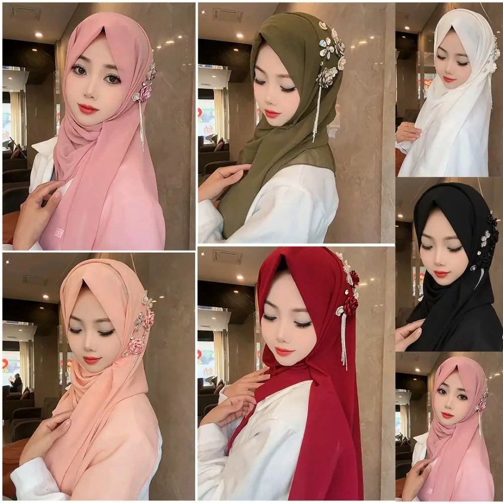 

Elegant Pearl Chiffon Head Wraps Gauze Solid Color Rhinestone Chiffon Scarf Breathable Long Islamic Headscarf